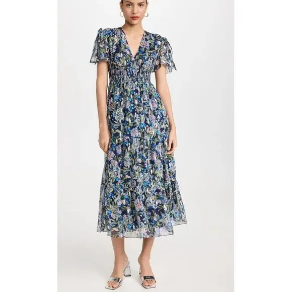 SHOSHANNA Midnight Lenora Midi Dress Navy Silver Multi Floral Smocked Tuckernuck - Picture 2 of 8
